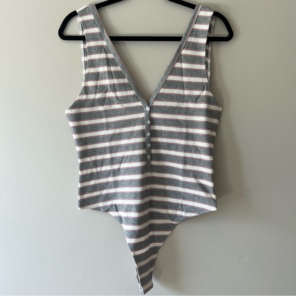 American Apparel Henley Plunge Stripe V Neck Bodysuit